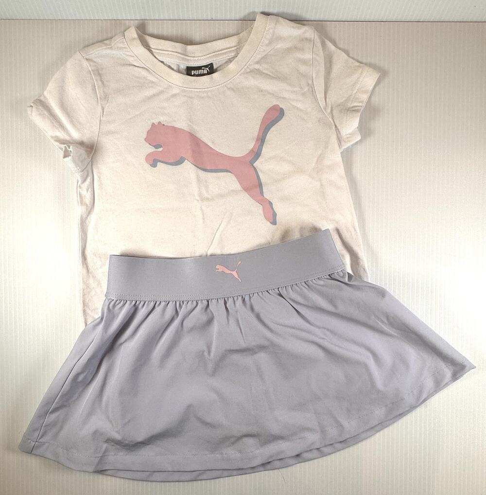 Puma Girls 4T Skort Set T-Shirt Pink Grey Logo Activewear Athletic Tennis Kid
